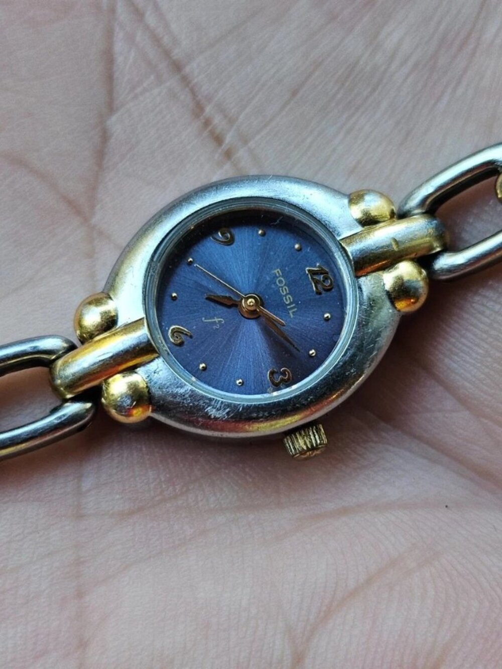 Vintage Fossil F2 Women Wristwatch Blue Face Silver/Gold Dual Tone Quartz Watch